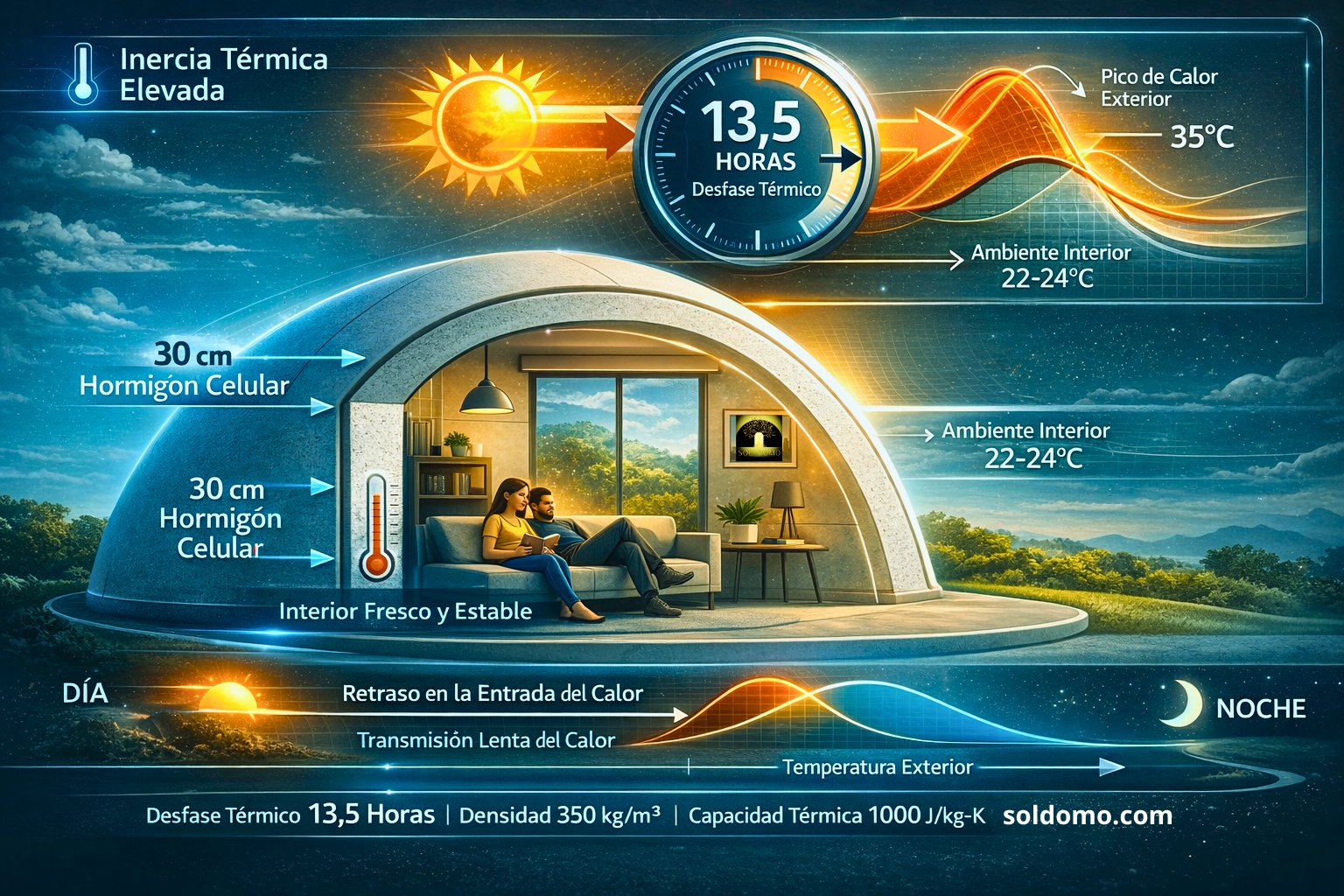 Thermal inertia cellular concrete dome SolDomo